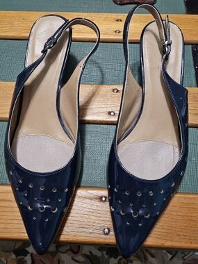 Van Eli Navy Patent Pointed Toe Slingback Mules, Size 8